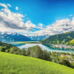 Fototapeta premium Breathtaking view of a picturesque mountain lake and village under a blue sky