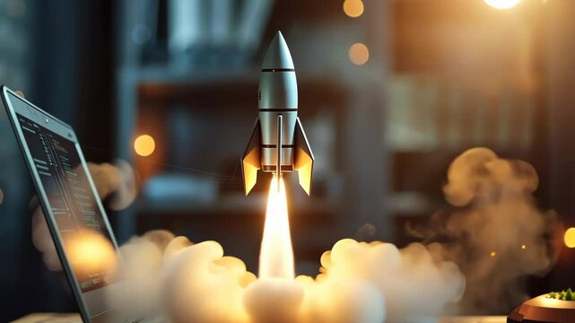 Rocket launch from laptop on office table to fly up in air. Business startup new idea project development, internet marketing strategy growth, future product progress on a website, speed power boost