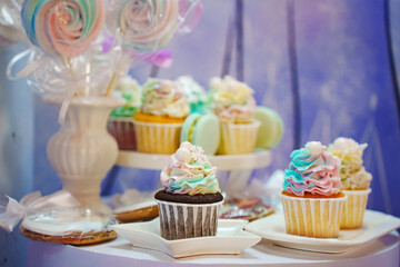 Candy bar. cakes with colorful cream. 