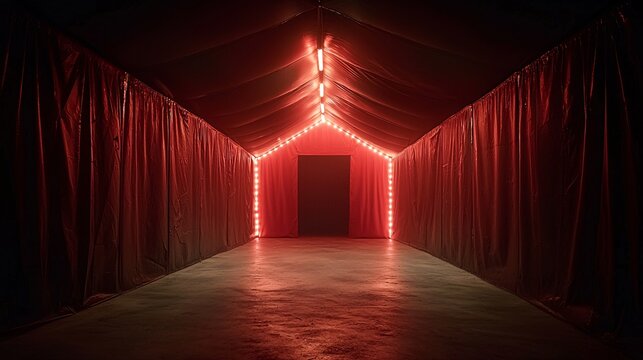 A dimly lit Halloween circus tent entrance with eerie lighting, inviting guests into a freak show filled with creepy performers. The dark atmosphere provides ample copy space for text or event