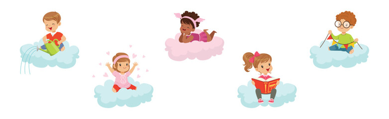 Smiling Kids Sitting on Soft Cloud and Doing Different Things Vector Illustration Set