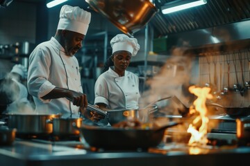 Two chefs preparing meal in modern kitchen with utensils and ingredients