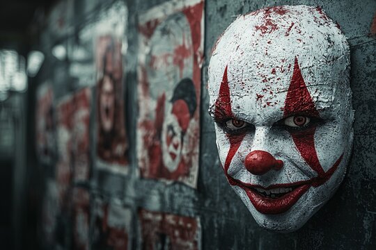 A creepy circus tent exterior with weathered posters advertising a Halloween freak show, featuring unsettling images of performers. The scene offers generous copy space for text or branding.
