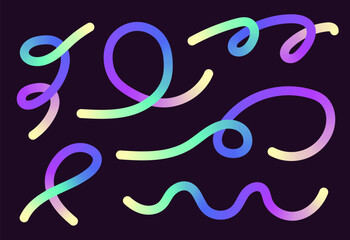 Neon Color Gradient squiggle lines. Scribble stripe with wavy elements. Abstract organic dynamic colorful Sshapes on dark background.