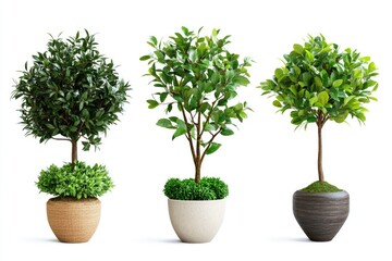 Fake potted trees for room decor  isolated on white.