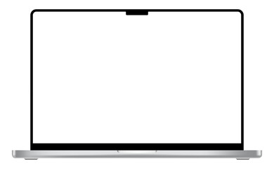 Apple MacBook Pro modern laptop mockup template with blank display and black frame. Notebook device with notch and silver touchpad. Product advertisement and showcase object. Vector illustration