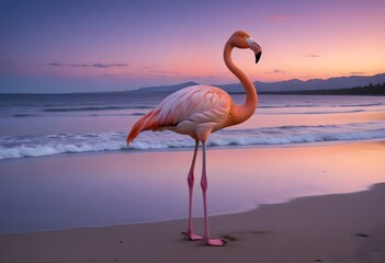 Exotic Flamingo on a Tropical Beach Bird with Long Neck Standing by Sea at Sunset