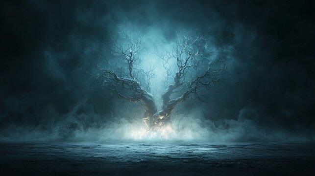 A dark, misty landscape featuring a blend of Greek and Norse mythology figures, such as Hades and Hel, surrounded by eerie lighting and ancient runes. Ample copy space available for text.
