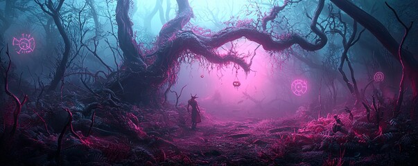 Fototapeta premium Norse mythology characters such as Loki and Fenrir in a dimly lit, eerie forest, with glowing symbols and runes adding to the Halloween atmosphere. The background provides significant copy space.