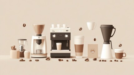 Artistic set of vector coffee machines and coffee drinks isolated on brown background,hand-drawn vector,coffee cups and coffee beans,modern flat design,Fashionable and cute coffee motif concept.