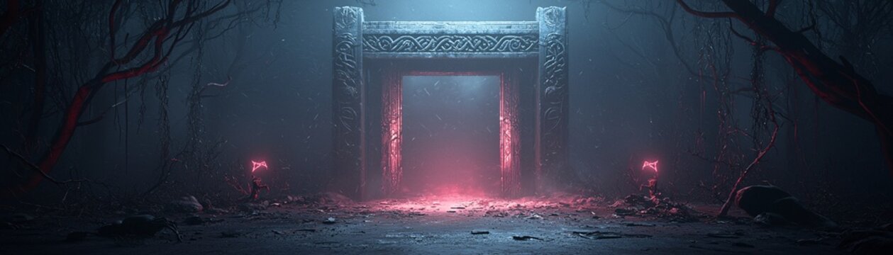 The gates of the Norse underworld, guarded by Hel, with ominous lighting and ancient symbols. The image offers a spacious design with copy space for Halloween promotions.