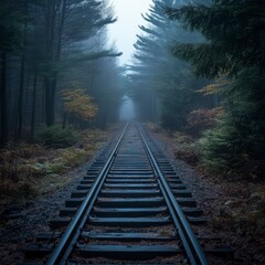 Fototapeta premium Mysterious Train Tracks Through Misty Forest