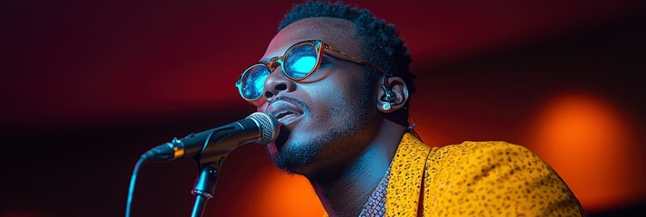 Male singer performing on stage, illuminated by colorful stage lights