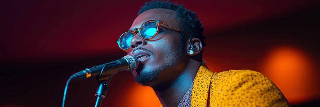 Male singer performing on stage, illuminated by colorful stage lights