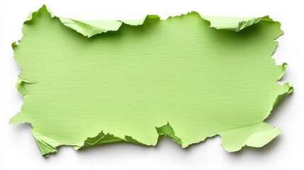 Fototapeta premium A piece of green torn paper with rough edges and a bright color is isolated on a white background, creating a striking contrast.