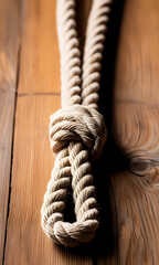 Obraz premium Close-Up of Thick Twisted Rope with Knot on Rustic Wooden Surface