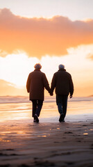 Serene Elderly Couple Walking Together On Sunset Beach  