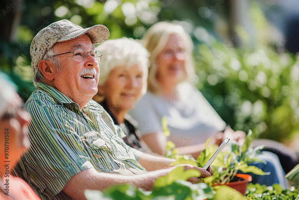 Sticker Vibrant Senior Garden Club Meeting in Sunny Botanical Setting  