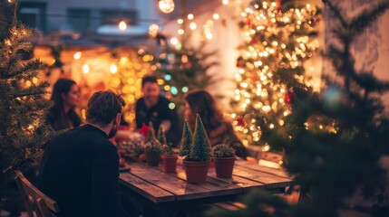 Obraz premium Urban rooftop garden Christmas gathering with organic meals and eco-friendly decorations