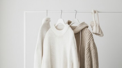 Beige and white fashion Clothes on a clothing hanger,knitwear and hoodies on hangers,Minimal fashion clothes on a rack,Fashion blog, website, social media,store in shopping mall,sale online.