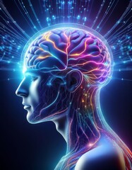 Obraz premium Futuristic Brain with Neon Neural Pathways