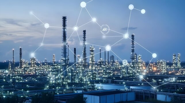 A city skyline with a network of dots connecting the buildings. Concept of connectivity and interdependence between the various structures in the city - Powered by Adobe