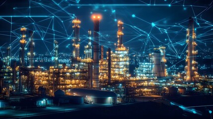 Naklejka premium A city skyline with a network of dots connecting the buildings. Concept of connectivity and interdependence between the various structures in the city