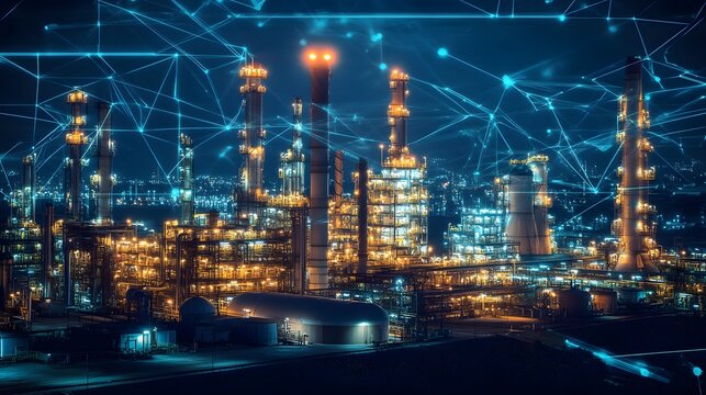 A city skyline with a network of dots connecting the buildings. Concept of connectivity and interdependence between the various structures in the city - Powered by Adobe