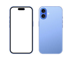 iPhone 16 plus modern mobile phone device front back mockup template. Blue color smartphone with blank display for product advertisement, presentation and user interface design. Vector illustration
