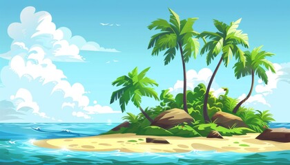 Obraz premium Seaside serenity. Sunny beach. Tropical landscape with palm trees. Tropical island escape a hidden paradise. Cartoon 2d game illustration background.