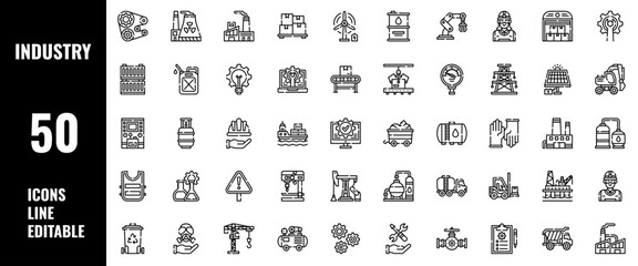 50 Industry Icons Set Pack Line Editable Vector Illustration