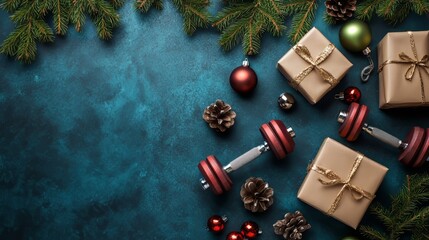 Christmas gift boxes gym workout dumbbells tree branches and decorations. Exercise equipment as present idea. Sport gifts flat lay composition with copy space. Healthy fitness winter holiday season.