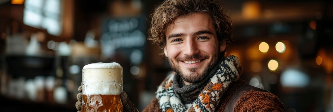 Happy Man Holding a Pint of Beer in a Cozy Pub