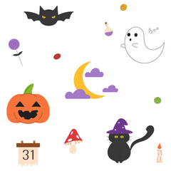 Set of Halloween symbols. Collection of moon, trick or treat, scary pumpkin, ghost, cat, bat, candies and other Halloween elements. Vector flat illustrations on a white background