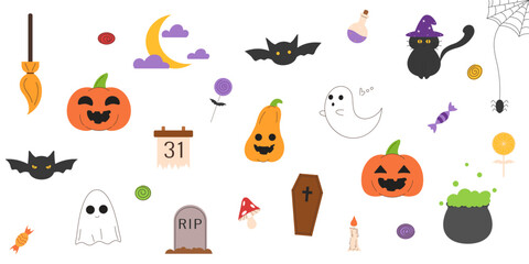 Large set with characters, icons for Halloween, trick or treat, scary pumpkins and candy, witchs hat, moon, spider's web and bats. Vector flat illustrations on a white background