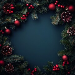 Christmas background with free space for lettering, logo. Vintage Christmas background with colorful balls, fir branches, cones. Retro style Christmas card template