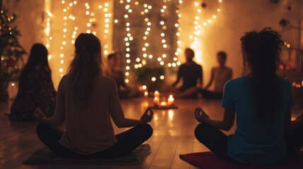 Meditating group by candlelight during a cozy Christmas gathering