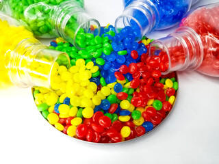 Colorful masterbatch raw material, colorful polymer granules cold cut type, inside laboratory...