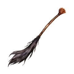 Watercolor Witch's Broom Floating in Autumn Air for Spooky Flight