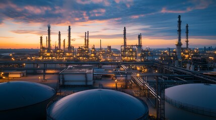 Fototapeta premium A train is traveling down a track next to a large industrial area. The sky is orange and the sun is setting