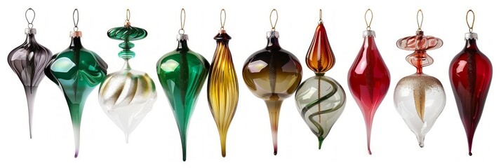 Handcrafted glass blown Christmas ornaments in various shapes and colors, showcasing traditional holiday decor and artisanal craftsmanship