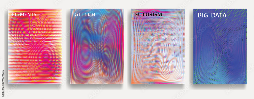 Poster Glitch distorted geometric background . Modern art design . Noise destroyed glitched poster . Trendy defect error background with speed lines . Glitched artwork .Hologram effect .vector 