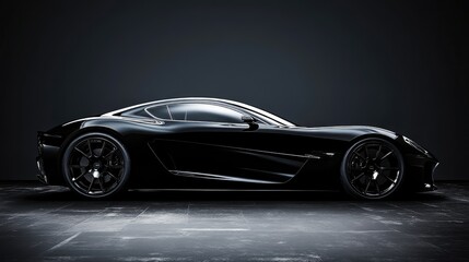 A shiny black sports car with sleek lines against a black backdrop, conveying speed and luxury.