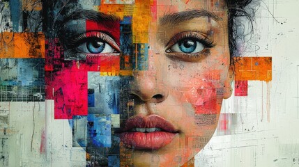 Abstract collage of multicultural faces, mixed with digital textures, geometric designs, and surreal objects