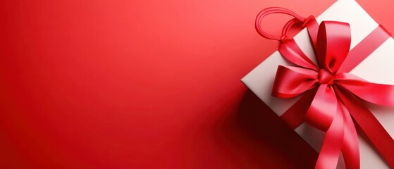 A beautifully wrapped gift box with a vibrant red ribbon, set against a bright red background, perfect for celebrations and holidays.
