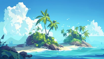 Seaside serenity. Sunny beach. Tropical landscape with palm trees. Tropical island escape a hidden paradise. Cartoon 2d game illustration background.