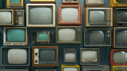 A collection of vintage televisions stacked on top of each other, possibly for storage or display