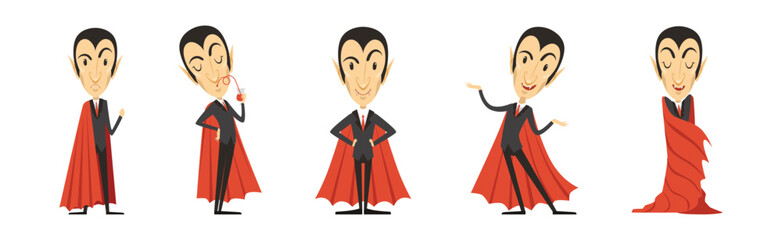 Count Dracula Character with Fangs Wearing Red Cape Vector Set