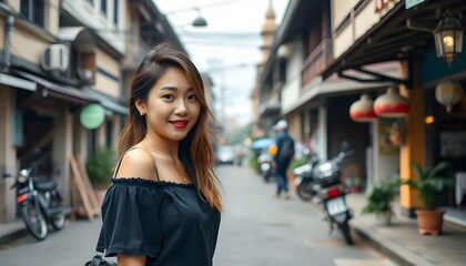 Young Woman Smiles in a Street with Shops and Motorbikes in the Background