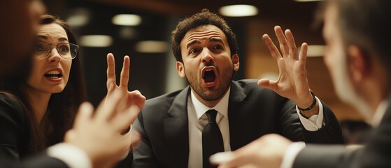 Intense business discussion with animated gestures and expressions, showcasing emotions in a corporate meeting setting.